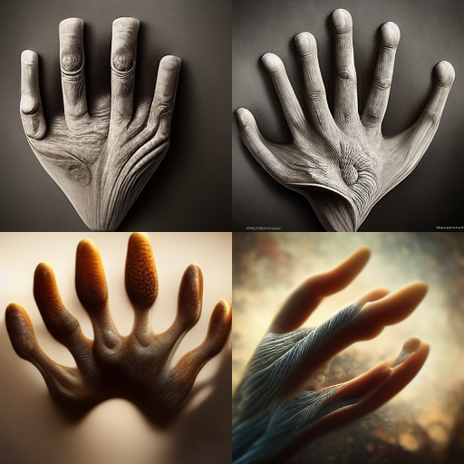 Four Generated hands with incorrect finger counts.